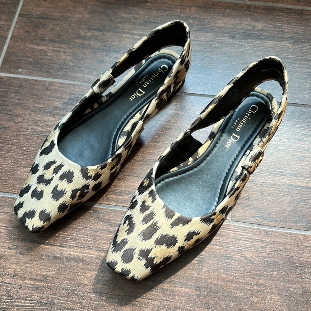 Dior Leopard Print Slingback Flats in Black and Cream